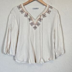 First Monday Embroidered Peasant Top Gauze Blouse Women's Size Large Boho Chic